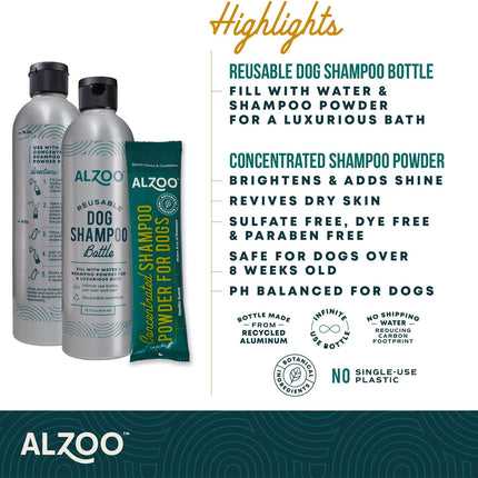 ALZOO Reusable, Refillable Aluminum Bottle & Concentrated Powder Shampoo for Dogs, Sensitive Skin Bundle, Just Add Water, Bottle & Pouch Starter Kit