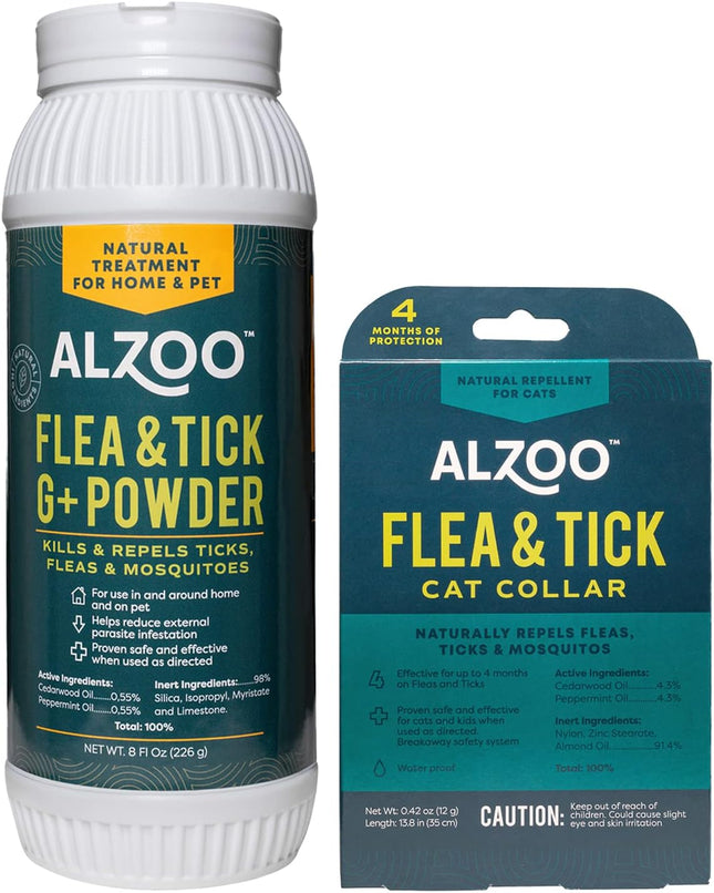 ALZOO Flea & Tick Cat Collar and Flea & Tick G+ Powder, 100% Plant-Based Active Ingredients