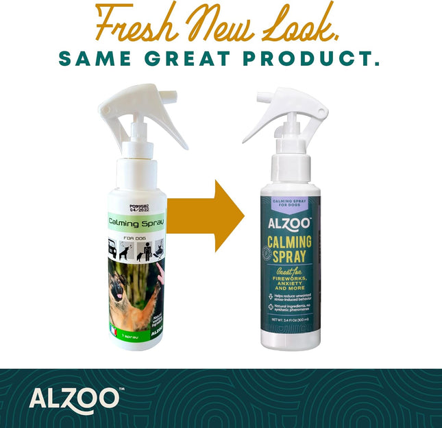 ALZOO Calming Spray for Dogs, Helps to Relieve Stress from Separation Anxiety, Travel, Vet Visits, Fireworks, etc., 100% Plant-Based Active Ingredients, 3.4 Fl. Oz Spray Bottle