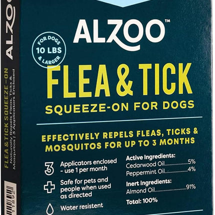 ALZOO Natural Flea & Tick Squeeze-On for Dogs, Helps Repel Fleas, Ticks & Mosquitos, Up to 3-Months Protection, Plant-Based Active Ingredients, Water-Resistant, 3 EZ-On Applicators Per Pack