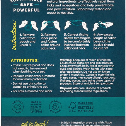 ALZOO Natural Flea & Tick Cat Collar, Helps Repel Fleas, Ticks & Mosquitoes, Plant-Based Active Ingredients, Phthalates and PVC Free, Up to 8 Months Protection, Pack of 2