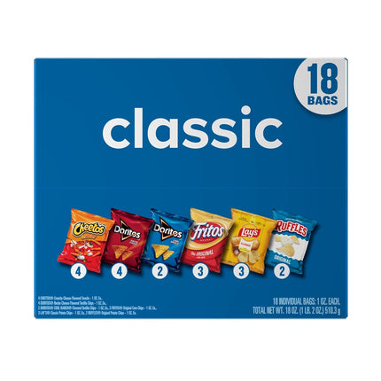 Frito-Lay Snacks Classic Mix Chips Variety Pack, Doritos, Lay's Ruffles, Cheetos, Fritos, 18 Count(Pack of 1) (Assortment May Vary)