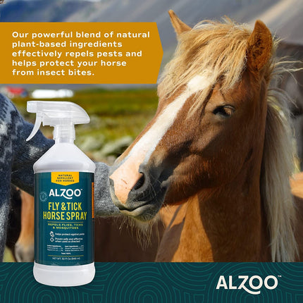 ALZOO Natural Fly and Tick Horse Spray, Helps Repel Mosquitoes, Horseflies & Ticks, Plant-Based Active Ingredients, 32 Fl. Oz. Spray Bottle