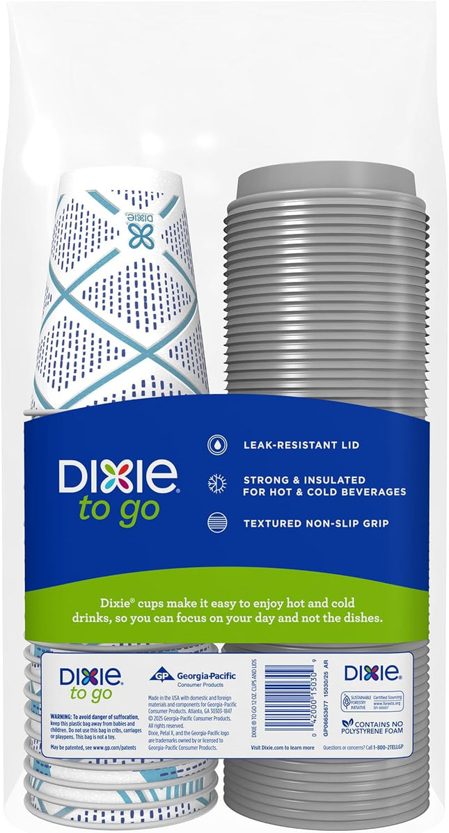 Dixie To Go Paper Coffee Cups With Lids, 12 oz, 66 ct, Disposable Insulated Paper Cups for On-The-Go Hot or Cold Beverages