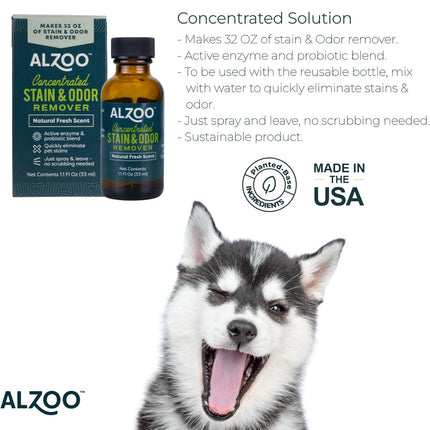 ALZOO Stain & Odor Remover, Quickly Lifts & Dissolves Pet Stains & Helps Eliminate Odors, 100% Plant-Based Active Ingredients, Lavender Vanilla Scent, 32 Fl. Oz Spray Bottle