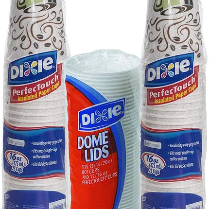 Dixie PerfecTouch WiseSize Coffee Design Insulated Paper Cup, 16oz Cups and Lids Bundle (16 oz, 50 Cups, 50 Lids)