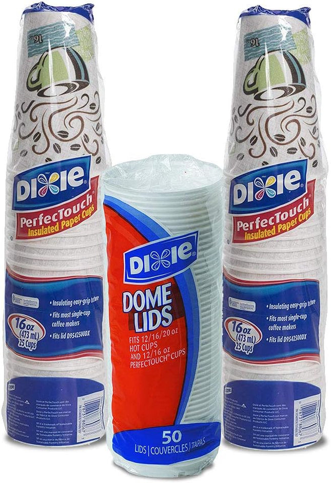 Dixie PerfecTouch WiseSize Coffee Design Insulated Paper Cup, 16oz Cups and Lids Bundle (16 oz, 50 Cups, 50 Lids)