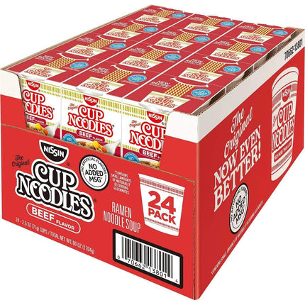 Nissin Cup Ramen Noodles Soup 2.25 Ounce , Beef, Chicken or Shrimp Flavor (Pack of 24)