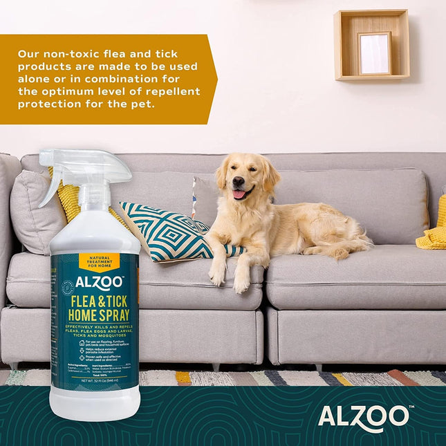 ALZOO Natural Flea & Tick Home Spray, Helps Eliminate and Repel Pests, Use on Flooring, Furniture, Pet Beds, Plant-Based Active Ingredients, 32 Fl. Oz.