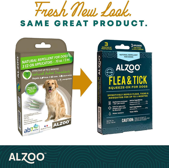 ALZOO Natural Flea & Tick Squeeze-On for Dogs, Helps Repel Fleas, Ticks & Mosquitos, Up to 3-Months Protection, Plant-Based Active Ingredients, Water-Resistant, 3 EZ-On Applicators Per Pack