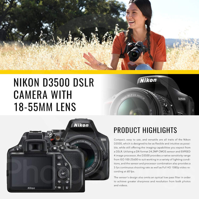 Nikon D3500 DSLR Camera with AF-P DX NIKKOR 18-55mm f/3.5-5.6G VR Lens + 32GB Card, Flash, Tripod, and Bundle