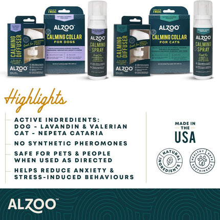 ALZOO Cat Calming Spray - Natural Plant Based Stress & Anxiety Relief, Valerian & Lavadin Blend, No Synthetic Pheromones, Stress and Anxiety Relief During Travel, Vet, Fireworks, Separation