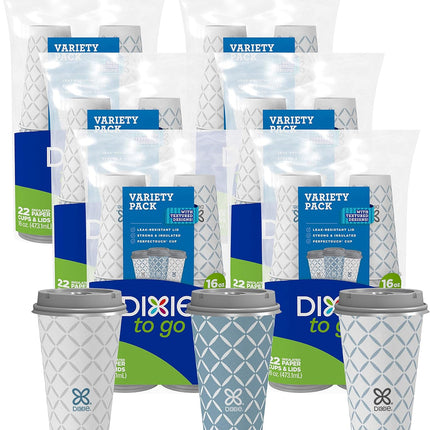 Dixie To Go Large Paper Coffee Cups With Lids, 16 Oz, 132 Count (6 packs of 22 cups), Disposable Cups For On-The-Go Hot Beverages