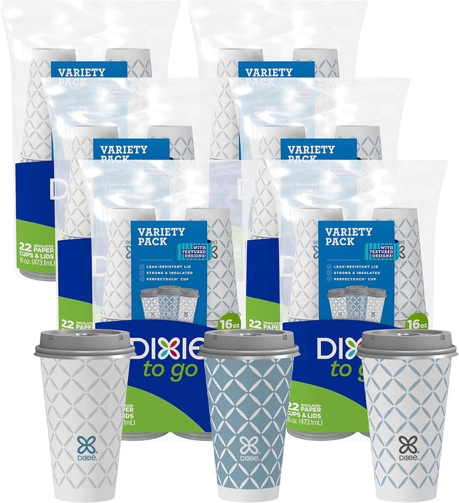 Dixie To Go Large Paper Coffee Cups With Lids, 16 Oz, 132 Count (6 packs of 22 cups), Disposable Cups For On-The-Go Hot Beverages