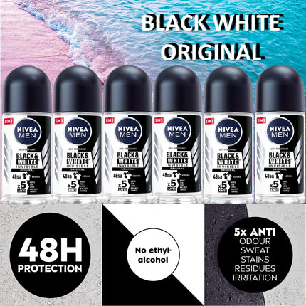 Nivea BLACK WHITE ORIGINAL, ROLL-ON – FREE ALCOHOL, ANTIPERSPIRANT DEODORANT, 48 HOURS PROTECTION, 1.7 OZ (Pack of 6), 50.0 milliliters