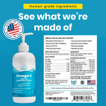 Wild-Caught Omega 3 Fish Oil for Dogs & Cats, Liquid EPA DHA Supplement for Skin, Coat, Joints & Heart, Low-Odor Omega 3 Drops for Small Dog Breeds & Cats with Itchy Skin, 2 oz