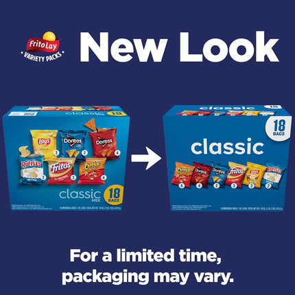 Frito-Lay Snacks Classic Mix Chips Variety Pack, Doritos, Lay's Ruffles, Cheetos, Fritos, 18 Count(Pack of 1) (Assortment May Vary)