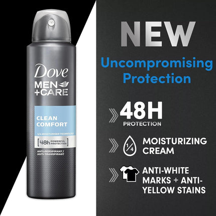 Dove Men + Care Antiperspirant Deodorant Spray, 6 Pack, 48H Protection, Long-Lasting Clean Comfort Scent, Soothes & Moisturises Skin, 5 oz. Each