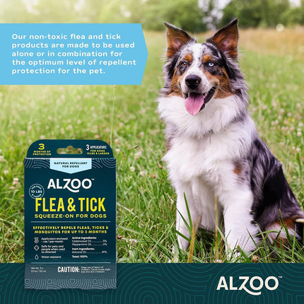 ALZOO Natural Flea & Tick Squeeze-On for Dogs, Helps Repel Fleas, Ticks & Mosquitos, Up to 3-Months Protection, Plant-Based Active Ingredients, Water-Resistant, 3 EZ-On Applicators Per Pack