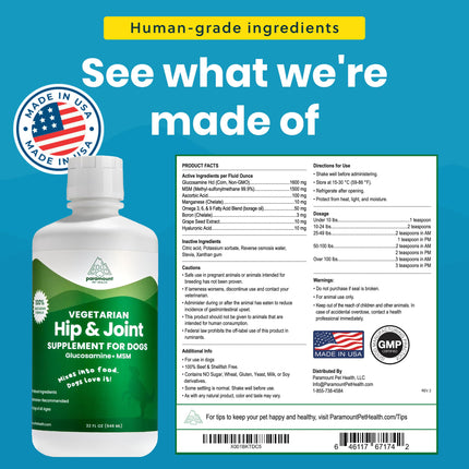 Plant-Based Liquid Glucosamine for Dogs, 1600mg Joint Support with Chondroitin, MSM & Omega 3-6-9, Shellfish-Free Dog Arthritis Supplement for Mobility & Flexibility, Made in USA, 32 oz