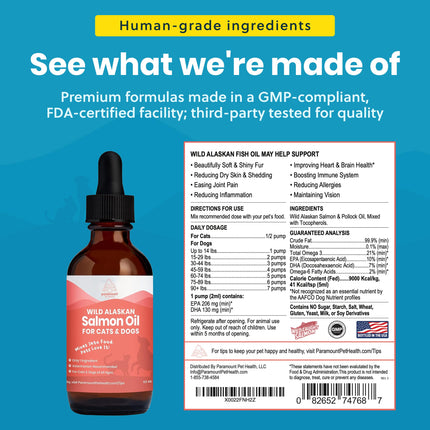 Paramount Pet Health Wild Alaskan Salmon Oil for Cats & Small Dogs, Supports Skin, Coat, Joint & Overall Well-Being, Pure & Premium Alaskan Salmon Oil for Dogs & Cats with No Fillers, 2 oz