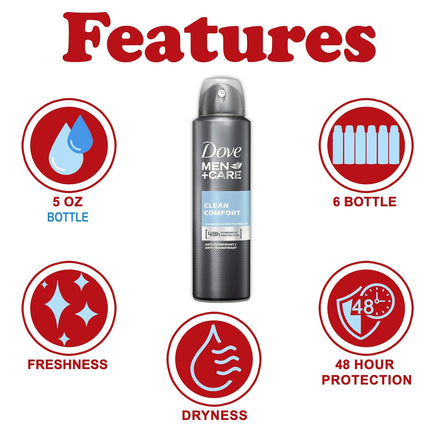 Dove Men + Care Antiperspirant Deodorant Spray, 6 Pack, 48H Protection, Long-Lasting Clean Comfort Scent, Soothes & Moisturises Skin, 5 oz. Each