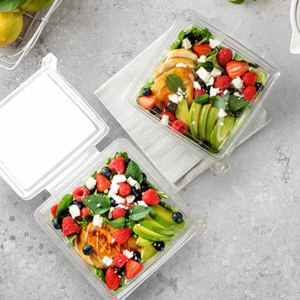 Tamper-Resistant Clear Hinged Containers with Flat Lid – Disposable Plastic Clamshell Takeout Boxes for Food, Salad, Dessert, Sandwich, Leak-Proof & Stackable – BPA-Free (50, Clear, 32 oz)