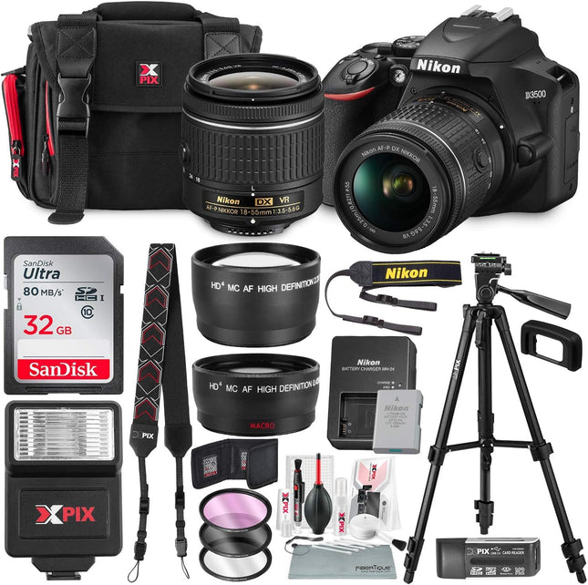 Nikon D3500 DSLR Camera with AF-P DX NIKKOR 18-55mm f/3.5-5.6G VR Lens + 32GB Card, Flash, Tripod, and Bundle