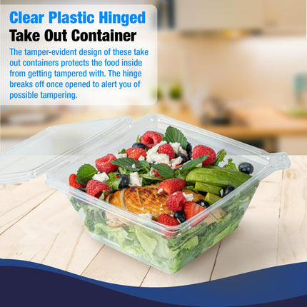 Tamper-Resistant Clear Hinged Containers with Flat Lid – Disposable Plastic Clamshell Takeout Boxes for Food, Salad, Dessert, Sandwich, Leak-Proof & Stackable – BPA-Free (50, Clear, 32 oz)