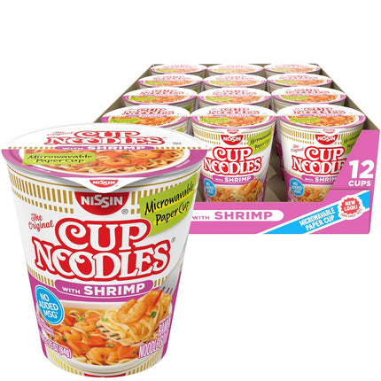 Nissin Cup Noodles Soup, Shrimp Flavor, Microwaveable Paper Cups, Instant Ramen, 2.25 Ounce (Pack of 12)