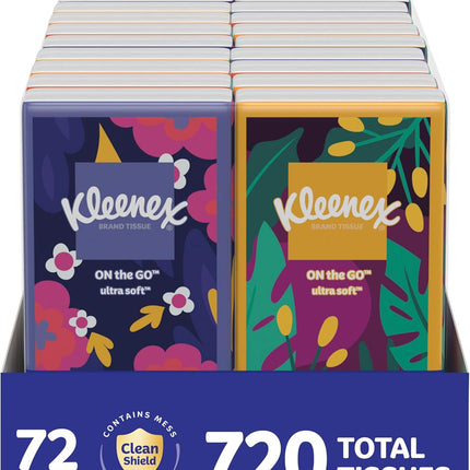 Kleenex On-The-Go Facial Tissues, 72 On-The-Go Packs (3 Trays of 24 Packs), 10 Tissues per Box (720 Total), 3-Ply, Packaging May Vary