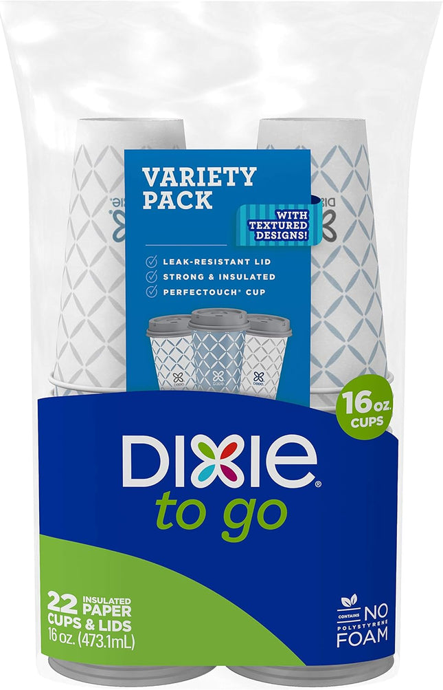 Dixie To Go Large Paper Coffee Cups With Lids, 16 Oz, 132 Count (6 packs of 22 cups), Disposable Cups For On-The-Go Hot Beverages