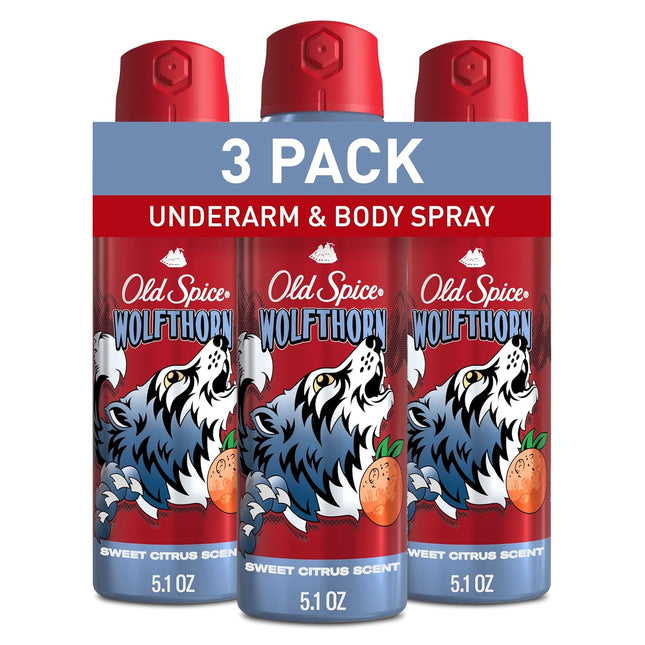 Old Spice Aluminum Free Body Spray for Men, 24/7 Odor Protection, 24/7 Lasting Fragnance & Freshness, Cologne Quality Scent, Wolfthorn with Sweet Citrus Scent, 5.1 oz (Pack of 3)