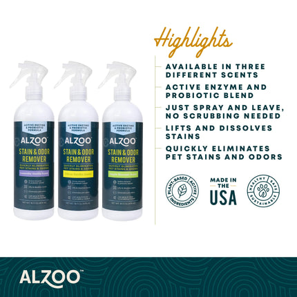 ALZOO Stain & Odor Remover, Quickly Lifts & Dissolves Pet Stains & Helps Eliminate Odors, 100% Plant-Based Active Ingredients, Lavender Vanilla Scent, 32 Fl. Oz Spray Bottle