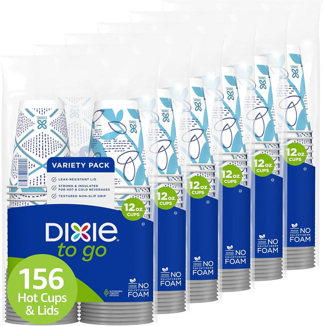 Dixie To Go Paper Coffee Cups With Lids, 12 oz, 156 ct, Disposable Insulated Paper Cups for On-The-Go Hot or Cold Beverages