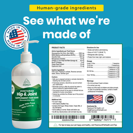 Plant-Based Liquid Glucosamine for Dogs, 1600mg Joint Support with Chondroitin, MSM & Omega 3-6-9, Shellfish-Free Dog Arthritis Supplement for Mobility & Flexibility, Made in USA, 32 oz