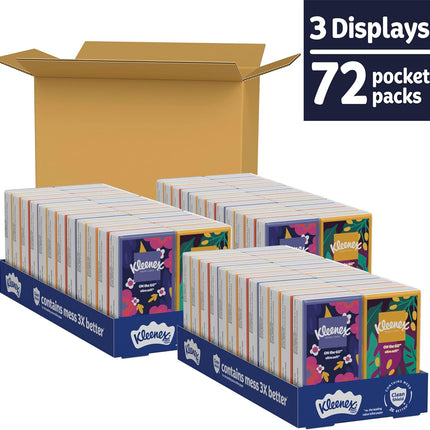 Kleenex On-The-Go Facial Tissues, 72 On-The-Go Packs (3 Trays of 24 Packs), 10 Tissues per Box (720 Total), 3-Ply, Packaging May Vary