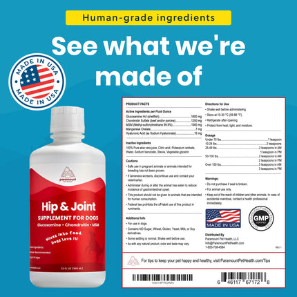 Paramount Pet Health Liquid Glucosamine for Dogs, 1600mg Glucosamine Chondroitin MSM, Hip & Joint Supplement for Large Dogs, Liquid Arthritis Relief & Mobility Support, 32 oz