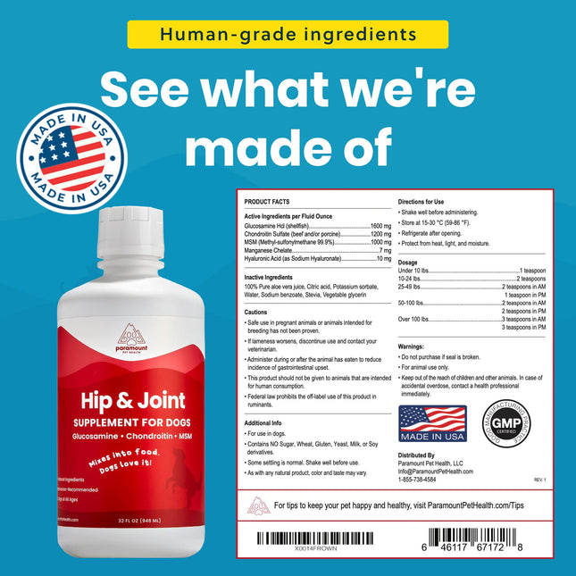 Paramount Pet Health Liquid Glucosamine for Dogs, 1600mg Glucosamine Chondroitin MSM, Hip & Joint Supplement for Large Dogs, Liquid Arthritis Relief & Mobility Support, 32 oz