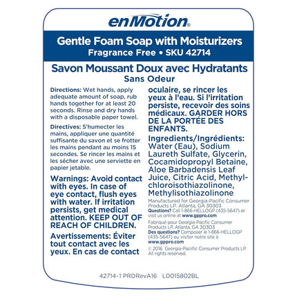 ENMOTION® GEN2 MOISTURIZING FOAM SOAP DISPENSER REFILLS BY GP PRO (GEORGIA-PACIFIC), DYE AND FRAGRANCE FREE, 2 BOTTLES PER CASE