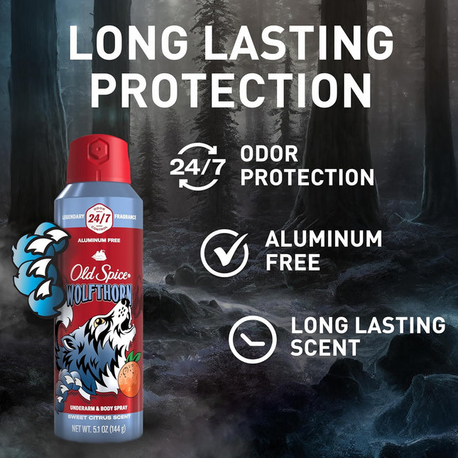 Old Spice Aluminum Free Body Spray for Men, 24/7 Odor Protection, 24/7 Lasting Fragnance & Freshness, Cologne Quality Scent, Wolfthorn with Sweet Citrus Scent, 5.1 oz (Pack of 3)