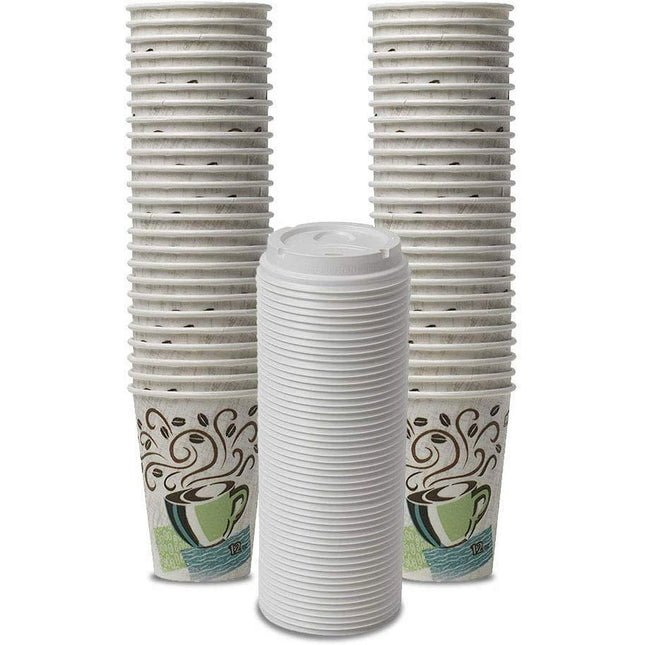 Dixie PerfecTouch WiseSize Coffee Design Insulated Paper Cup, 12oz Cups with Lids - 50 Cups & 50 Lids
