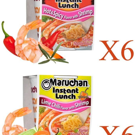 Maruchan Ramen Instant Cup Noodles 12 Count - 6 Hot & Spicy Shrimp Flavor & 6 Lime Chili Shrimp Flavor Lunch / Dinner Variety, 2 Flavors
