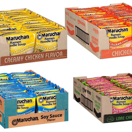 Maruchan Ramen Instant Soup Noodles Mix Variety 4 Flavor Packs 96 Count - 24 Chicken , 24 Lime Chili Shrimp , 24 Beef , 24 Shrimp Pack Lunch / Dinner Variety