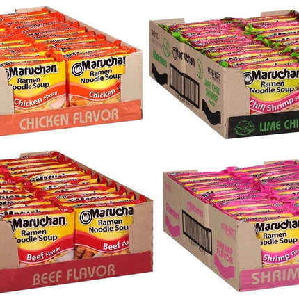 Maruchan Ramen Instant Soup Noodles Mix Variety 4 Flavor Packs 96 Count - 24 Chicken , 24 Lime Chili Shrimp , 24 Beef , 24 Shrimp Pack Lunch / Dinner Variety
