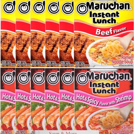 Maruchan Ramen Instant Cup Noodles 12 Count - 6 Beef Flavor & 6 Hot & Spicy Shrimp Flavor Lunch / Dinner Variety, 2 Flavors