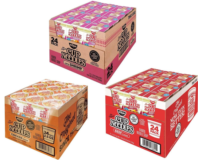 Ruthy's Outlet Cup Noodles Ramen Noodle Soup, 24- Chicken, 24- Shrimp & 24- Beef Flavor