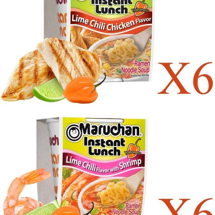 Maruchan Ramen Instant Cup Noodles 12 Count - 6 Lime Chili Chicken Flavor & 6 Lime Chili Shrimp Flavor Lunch / Dinner Variety, 2 Flavors