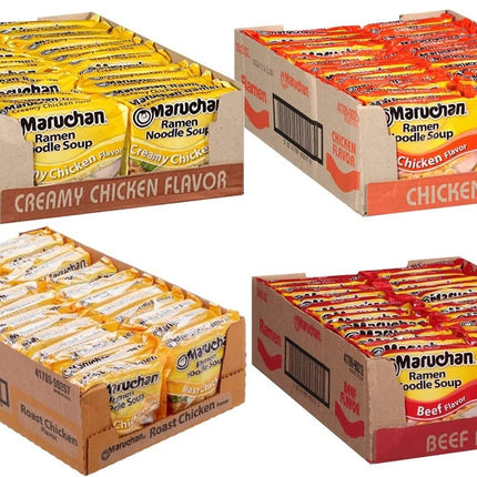 Maruchan Ramen Instant Soup Noodles Mix Variety 4 Flavor Packs 96 Count - 24 Chicken , 24 Lime Chili Shrimp , 24 Beef , 24 Shrimp Pack Lunch / Dinner Variety