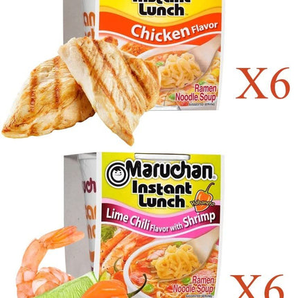 Maruchan Ramen Instant Cup Noodles 12 Count - 6 Chicken Flavor & 6 Lime Chili Shrimp Flavor Lunch / Dinner Variety, 2 Flavors